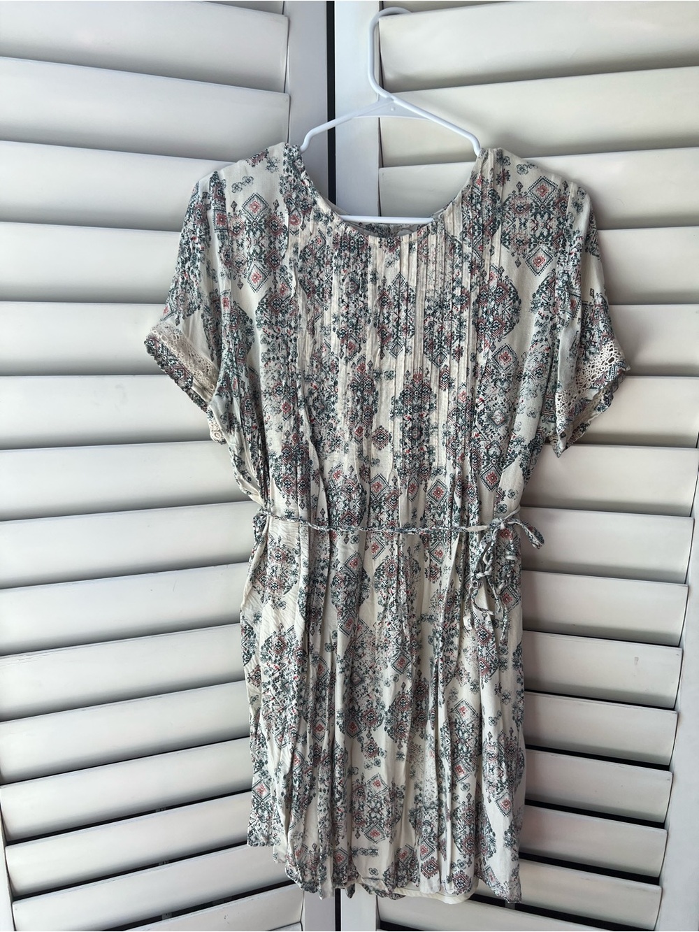 Lucky Brand Cream Floral-Print Short Sleeve Tie-Waist Mini Dress